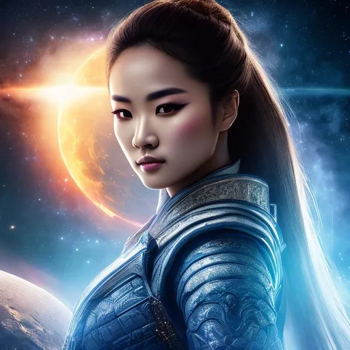 Prompt: create photograph of beautiful female ninja who is wearing white,  night time and beautiful sky  space and planets an nebulae in sky highly detailed, detailed face, extremely detailed environment, extremely detailed background, extremely detailed skin, extremely detailed clothing, natural colors , professionally color graded, photorealism, 8k, realistic, moody lighting, galactic environment, volumetric lighting