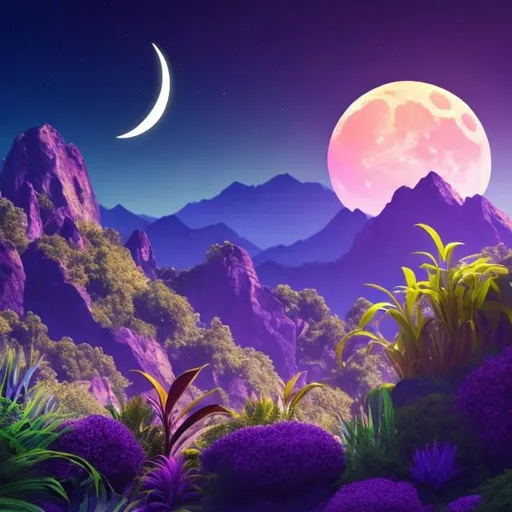 Prompt: A View of Mountains, Moon, and Sun with Plants on The Sides Acting as Side Display with a Blue Purple Backgrounds or Sight