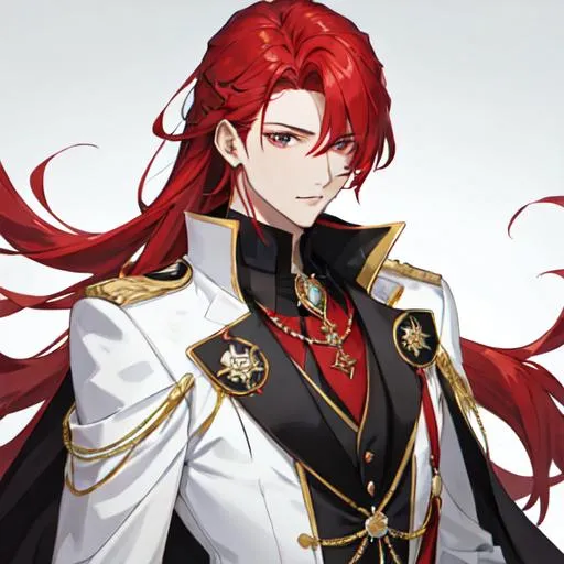 Prompt: Zerif 1male (Red side-swept hair covering his right eye) wearing a black royal suit, white cape, 