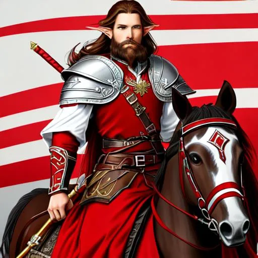 Prompt: An Elven Soldier wearing red and white Viking/Slavic style armor with a red and white tunic. brown hair, blue eyes, short beard, large mustache. Riding a red horse.