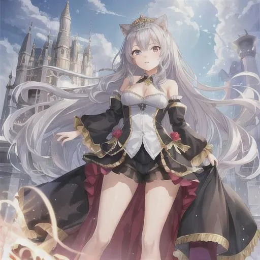 Prompt: young woman, queen, crown, slender, silver hair, cat ears, silver eyes, angry, full body, clouds