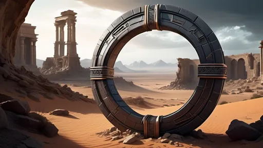 Prompt: magical portal between cities realms worlds kingdoms, circular portal, ring standing on edge, upright ring, freestanding ring, hieroglyphs on ring, broken ring, ruins, crumbling pillars, broken archways, ancient roman architecture, desert wilderness setting, panoramic view, futuristic cyberpunk tech-noir setting