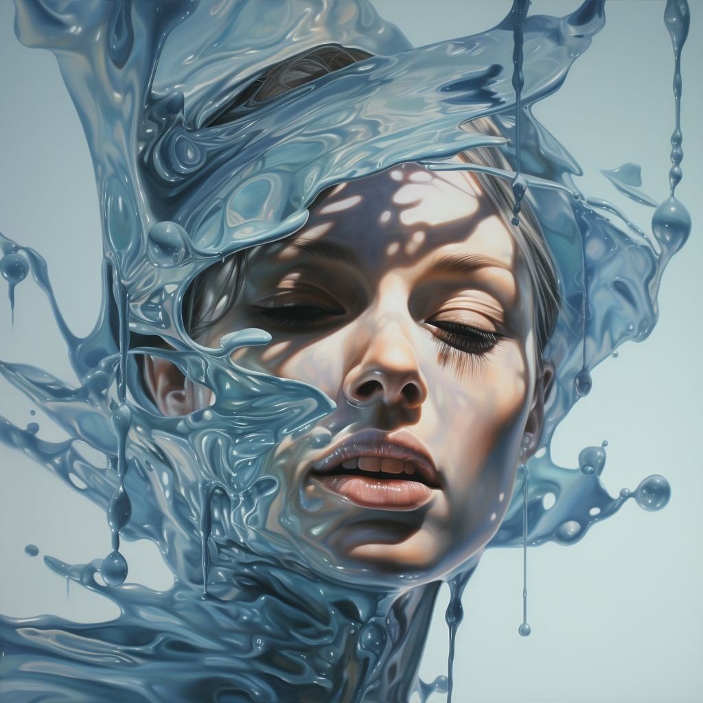 Prompt: a woman with water splashing on her face, in the style of futuristic realism, multidimensional shading, surreal organic shapes, hard edge painting, intricate illustrations, light cyan and silver, illusion of three-dimensionality