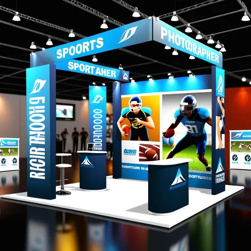 Prompt: Create a trade show booth for a sport photographer with sports banner displays and people