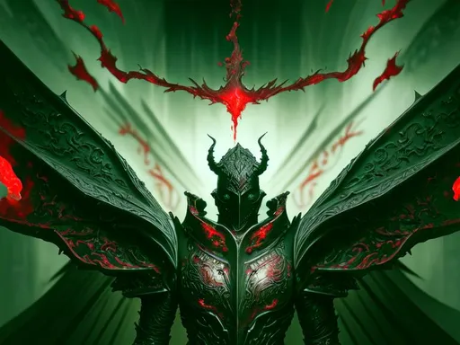 Prompt: In Demonic crimson Armor, Full HD render + immense detail + dramatic lighting + well lit + black, character sheet, + fine esoteric symbolism | ultra - detailed realism, soft cinematic lighting, high - quality, engraved | highly detailed |digital painting, artstation, concept art, smooth, sharp focus, Nostalgic, ethereal, nebula, 8k, hyper detailed, intricate detail, photorealistic, space void galaxy universe