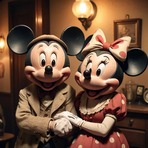 Prompt: Aged Mickey and Minnie Mouse, worn-down feel, traditional 2D animation, signs of aging, vintage color palette, tired expressions, cozy atmosphere, classic Disney style, warm lighting, worn-out clothing, detailed facial expressions, classic animation, vintage, warm tones, subtle aging details, traditional, warm lighting