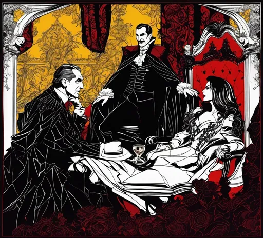 Prompt: (Vincent Price as Van Hellsing conversing with Bela Lugosi as Count Dracula), Black and White pen and ink sketch style, dark color scheme, elegantly gothic attire, intricate details, dim lighting, dramatic shadows, opulent background, luxurious textures, ornate furniture, deep reds and blacks, baroque patterns, solemn atmosphere, rich color tones, dark romanticism, ultra-detailed, 4K, photorealistic masterpiece, timeless elegance.