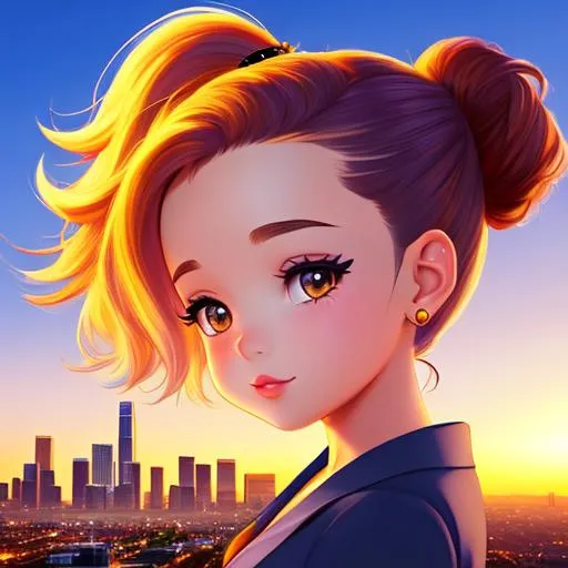 Prompt: A childrens book illistration  in digital art of a cute lil gangster girl with tattoos beautifiul hair with city of la in background 