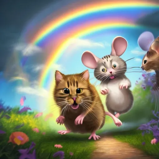 Prompt: Large mouse chasing a cat through a rainbow