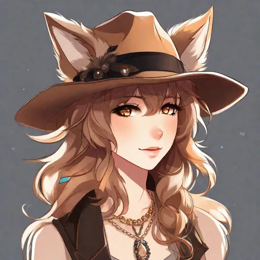 Prompt: Your OC is a small-framed glamrock wolf, with deep-set light brown eyes. They identify as female, and have a monotonous voice. As an accessory, they have a hat, and they can be seen wearing ribbons.