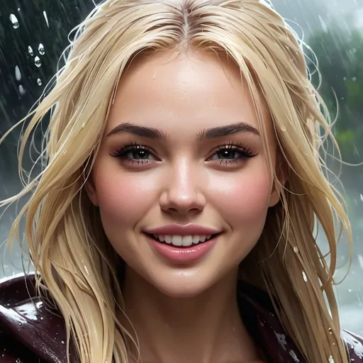 Prompt: Perfect stylish girl who looks like Natalie Alyn Lind with dark brown eyes and long straight blonde hair in the rain, very detailed face for the Natalie Alyn Lind features, smiling with her mouth closed lips closed and happily waving at the camera, her hair is completely soaked and dripping tons of drops of water, abstract style, with multicolored circles, Ergo Proxy illustration, Sofonisba Anguissola, close-up, fantasy art, futuristic elements, gold and red palette, hyperdetalized illustrations, 
some art styled to look like something by artgerm greg rutkowski and beeple, 