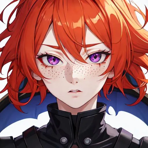 Prompt: Erikku male adult (short ginger hair, freckles, right eye blue left eye purple) UHD, 8K, Highly detailed, insane detail, best quality, high quality, anime style