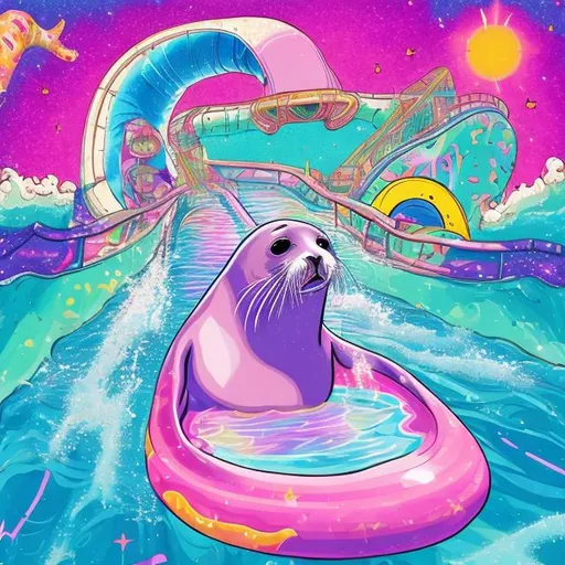 Prompt: Seal going down a Water slide in a pink galaxy in the style of Lisa frank