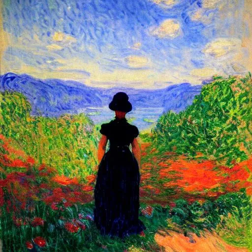 Prompt: A woman overlooking a mountain in the style of monet 
