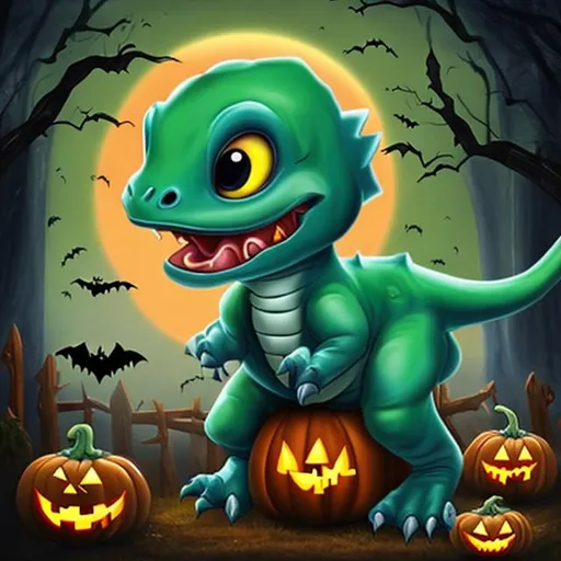 Prompt: cute baby dinosaur, full moon, halloween 