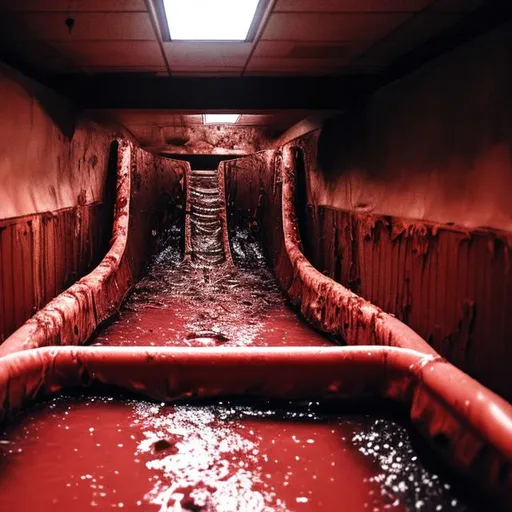 Prompt: Indoor water slides empty dirty vomit dilapidated night dim lighting red dirty dry dark drain meat flesh nightmare holes creature coming out of drain