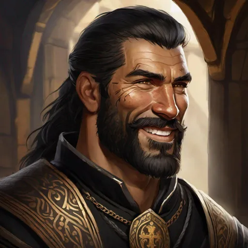 Prompt: portrait of a muscular medieval man wearing black inquisitor uniform, friendly, smiling gently, ugly, peasant, middle aged, tribal tattoos, mane of black hair, pallid skin, rugged, scarred face, wrinkles, rough face, broken nose, scar across his mouth, more scars, thick beard, gold specks in eyes, tavern, highly detailed, digital painting, artstation, concept art, smooth, sharp focus, illustration, art by artgerm and greg rutkowski and alphonse mucha