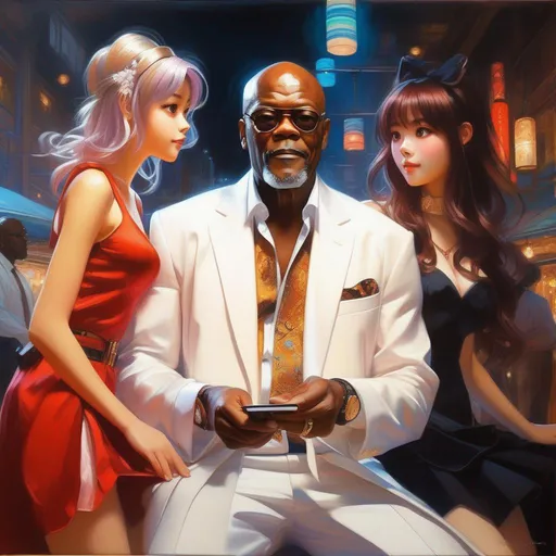Prompt: Samuel L Jackson meets anime girls, anime style, extremely detailed painting by Greg Rutkowski and by Henry Justice Ford and by Steve Henderson 