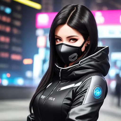 Prompt: Dark-haired cyberpunk woman in techwear clothes, wearing a futuristic facemask, in 80's anime style