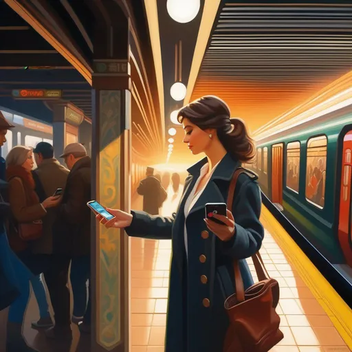 Prompt: First person, female hand wielding a smartphone, in a subway station, warm atmosphere, cartoony style, extremely detailed painting by Greg Rutkowski and by Henry Justice Ford and by Steve Henderson