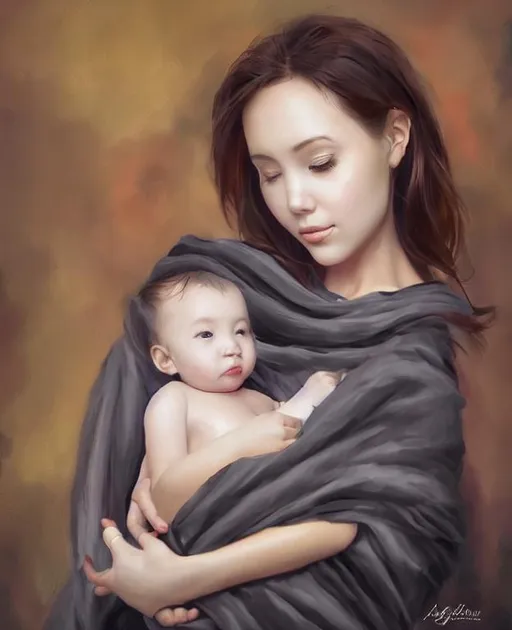 Prompt: Oil painting by artgerm a beautiful young mother holding an adorable infant wrapped in a blanket, award-winning cgi, blender 