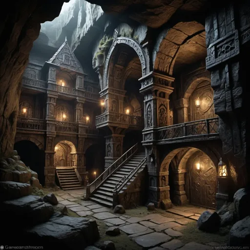 Prompt: Dwarven underground weathered city in Warhammer fantasy RPG style, huge cave, dark mood, eerie atmosphere, dimly lit, various randomly placed houses, realistic, detailed stone carvings, intricate metalwork, rugged dwarven architecture, atmospheric lighting, high quality, RPG style, fantasy, underground, dim lighting, detailed stone carvings, intricate metalwork, rugged architecture, dynamic view, seen from distance,