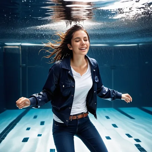 Prompt: photo of young woman, soaking wet clothes, white converse sneakers , dark navy blue jeans, belt, White henley knit shirt, dark navy blue jean jacket,  , underwater,   enjoying, water dripping from clothes, clothes stuck to body,  detailed textures of the wet fabric, wet face, wet plastered hair,  wet, drenched, professional, high-quality details, full body view , full body picture, sneakers, visible in picture, clothes dripping wet 