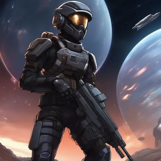 Prompt: From distance. Whole body. Full figure. A jovian male soldier in scifi combat space uniform. He has a full helmet with a scifi skull visor covering his face. Black armor. Dark silver details. He wields a plasma rifle. In background a space base. Anime art. Rpg. Anime style. Traveller rpg. Traveller art. Rpg art. Akira art. 2d art. 2d. Well draw face. Detailed. Whole figure. Full body. 