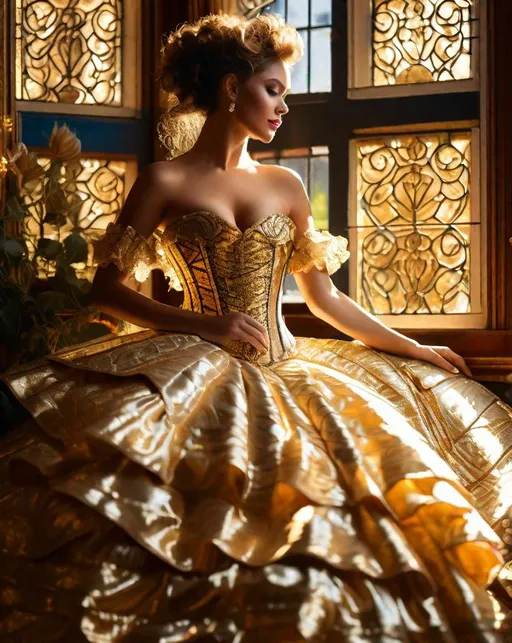 Prompt: A model poses in an ornate 19th century corset and ruffled gown, sunlight from a nearby window caressing her skin and lighting up intricate gold brocade detailing. In the style of Mark Laita.