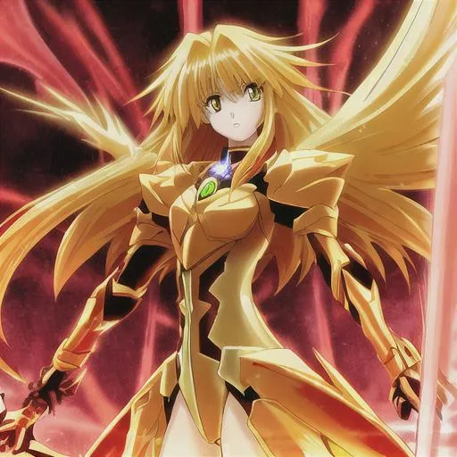 Prompt: butiful electric girl x ray giant sword armour red tall wings long hair aestetic yellow and a yellow aura and shining yellow orbe