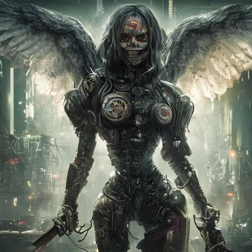 Prompt: Beautiful female angel of death, strong male warrior, embracing, radiation, Chernobyl, green, gothic, stalker, tattoos, cyberpunk, mech, red fire