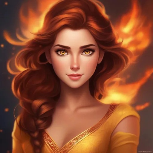 Prompt: elsa's fire-weilding cousin with a redish color scheme with brown hair and brownish yellow eyes