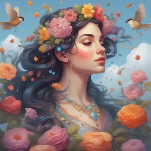 Prompt: A beautiful and colourful Persephone whose brunette hair is made of clouds that rains down flowers made of jewels, while chickadees fly around her; in a painted style