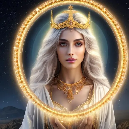 Prompt: HD 4k 3D 8k professional modeling photo hyper realistic beautiful woman ethereal greek goddess of bright intellect and sight
white hair light eyes gorgeous face pale skin gold shimmering dress jewelry and gold crown full body surrounded by magical glowing gold halo light hd landscape background religious temple and moon 