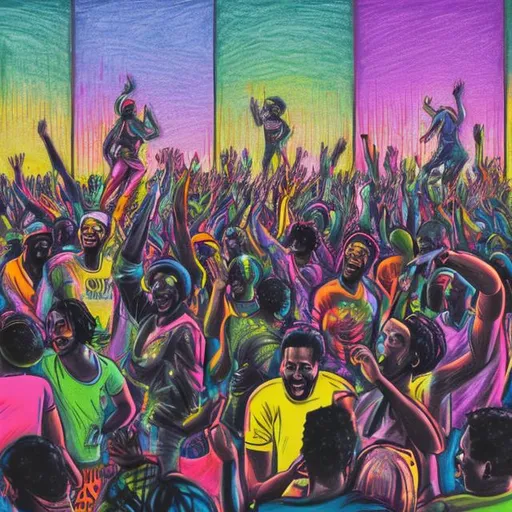 Prompt: oil pastel, crowd of black people urban roof top, drinking alcohol dancing, laughing, listening to music, party, disco, DJ mixing records, sharp high detail