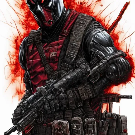 Prompt: Redesigned dark gritty, mostly black with dark red military commando-trained villain deadpool and ironman fusion. Bloody. Hurt. Damaged mask. Accurate. realistic. evil eyes. Slow exposure. Detailed. Dirty. Dark and gritty. Post-apocalyptic Neo Tokyo with fire and smoke .Futuristic. Shadows. Sinister. Armed. Fanatic. Intense. 
