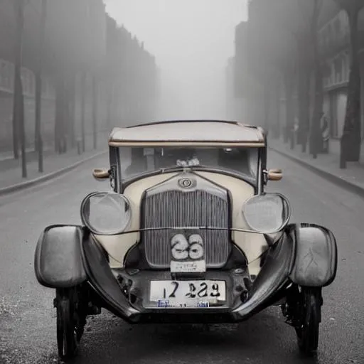 Prompt: A car in 1920s Paris , mist and fog, wet body, wet hair, symmetrical face, freckles, side lighting, full colour 8K.