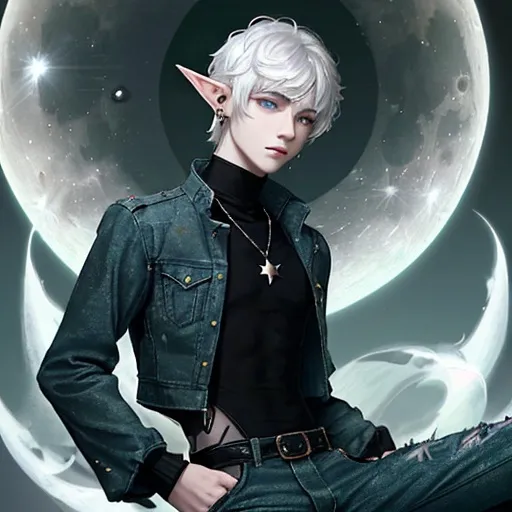 Prompt: A 19 year old boy with elf ears, pale skin, fluffy short white hair, dark blue eyes, star and moon earrings, spandex black turtleneck, dark green denim jacket, necklace with white crystal attached, wearing black baggy jeans.