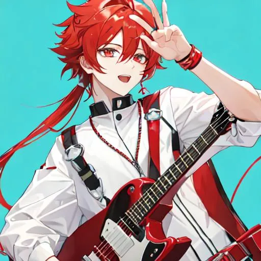 Prompt: Zerif 1male (Red side-swept hair covering his right eye) singing and playing and an electric guitar