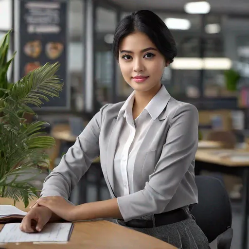 Prompt: RAW photo, pretty young Indonesian woman, 25 year old, (round face, almond-shaped brown eyes, small delicate nose, short black hair), grey office jacket, white shirt, grey mini skirt, black stockings, dynamic pose, tropical classroom, blackboard, masterpiece, intricate detail, photorealism, octane render, hyper-realistic, octane render, 16K, award-winning photograph, UHD, HDR