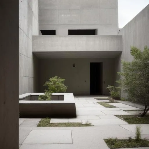 Prompt: courtyard a brutalist architecture with lots of natural light.