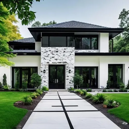Prompt: cool black and white modern style house, green lawn, stone brick driveway, sanctuary in the middle
