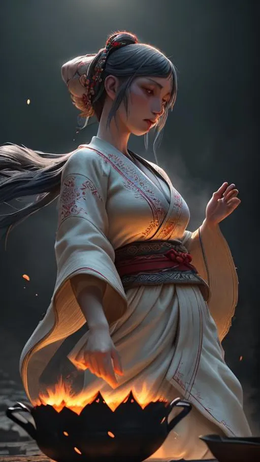 Prompt: Folk beautiful girl from Bulgaria with traditional rhodope robe dancing over coals!!! soft lighting, 8k resolution, hyper detailed, cinematic, deep lighting, Ukiyo-e hyperdetailed Unreal Engine dynamic lighting,Splash art, trending on Artstation