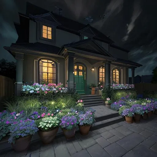 night-time, garden, multicolored flowers, flower pot