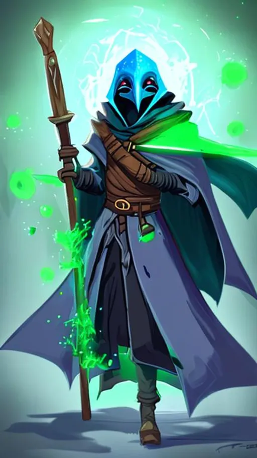 Prompt: dnd character, concept art. A kenku under a cloak. character whose class is druid holding a magic wooden staff. bright green particles floating around him. anime style

