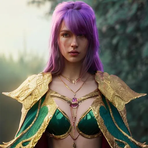 Prompt: purple cleric cloak, gold coated jewels, centered, colorful, beautiful lighting, hyper realistic, magical forest background, young female, dragon wings, big chest plates, beautiful face, pretty face