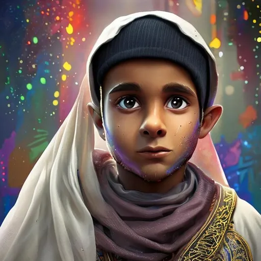 Prompt: pixar style, acrylic paint, produce A Muslim young boy, detail (white tan skin, black eyes, white Muslim clothes), farzal devout Muslim man, vintage, promiscuous, colorful, detail, intricate ink, illustration, bittersweet , hd , real Smoke effect, fog effect, --aspect 9:16. Fabric structure, made of clear, colorful silicone that covers Muslim men ::195 big shot::75 panorama ::75 black and white ::50 with a hint of gold ::25 with a hint of green ::23 atmosphere : :22 decoration subtle subtlety : :80 cinematic ::80 hyper realism ::100 colorful directional light ::45 Caustics ::30 blade runner ::5 David Lynch inspiration ::4 Terry Gilliam inspiration ::8 Luis Bunuel inspiration :: 11 Inspiration Jean Jeunet ::9 crystalcore ::25 high detail ::100 octane redshift Lumion render 8k ::90 concept art ::1 highly detailed, highly detailed, intricate ::22 elite, ornate, elegant, luxurious, realistic :: 30 ratio gold : :75 octane render, weta digital, ray trace, 8k ::50 --stylize 3650 --aspect 9:16 --seed 1969 --version 3 --quality 2,