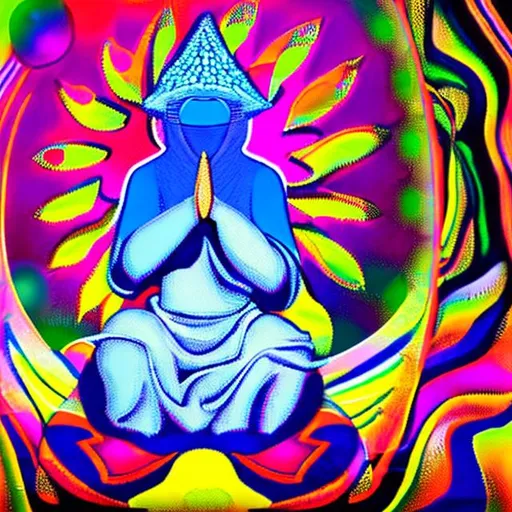 Prompt: Psychedelic meditating hooded monk