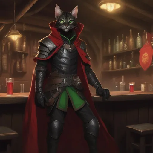 Prompt: DND a black male tabaxi with green eyes wearing black leather armor with a red cloak standing in a dark tavern 