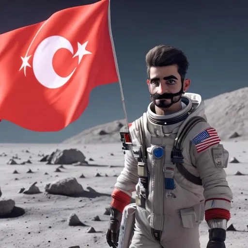 Prompt: A sales assistant walking on the moon with Turkish flag in his right hand, both sides of his mustache is going slightly up due to the lighter gravity, have a confused mimic in his face (like where the hell am I???)